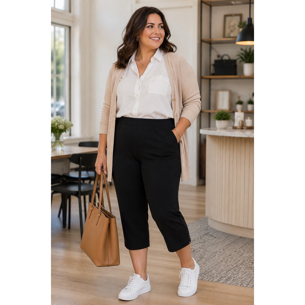 Croft & Barrow Black Pull-On Capri Pants Women's PL Petite Large Stretch Pockets